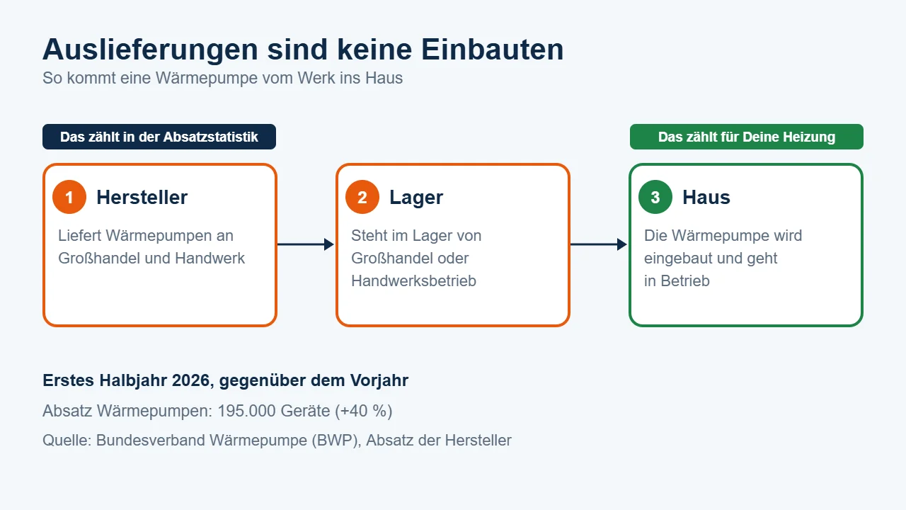 Schema: Hersteller liefern Wärmepumpen an Großhandel und Handwerk, sie liegen im Lager und werden erst danach im Haus eingebaut